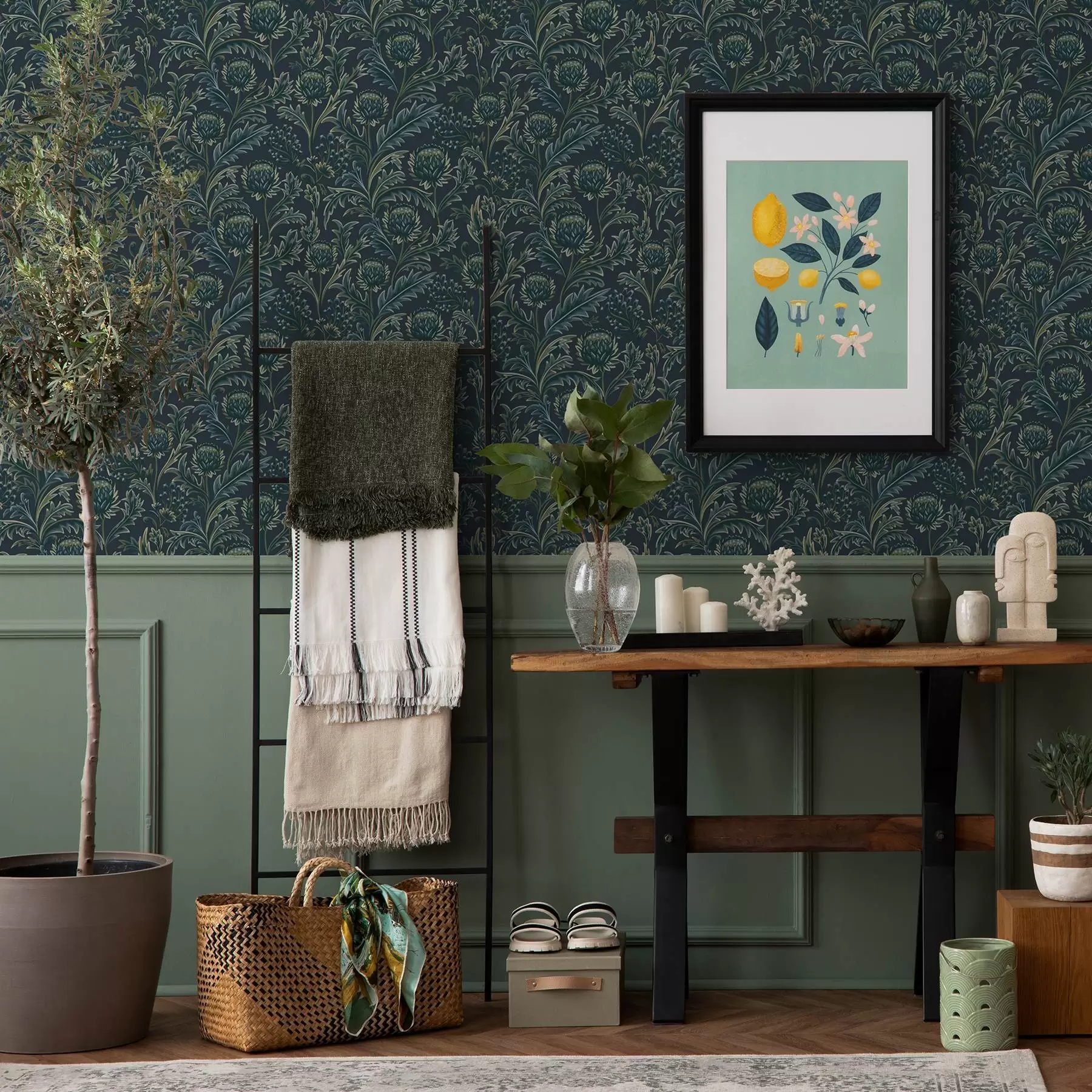 murales de pared Motivo floral verde oscuro con alcachofas a00186