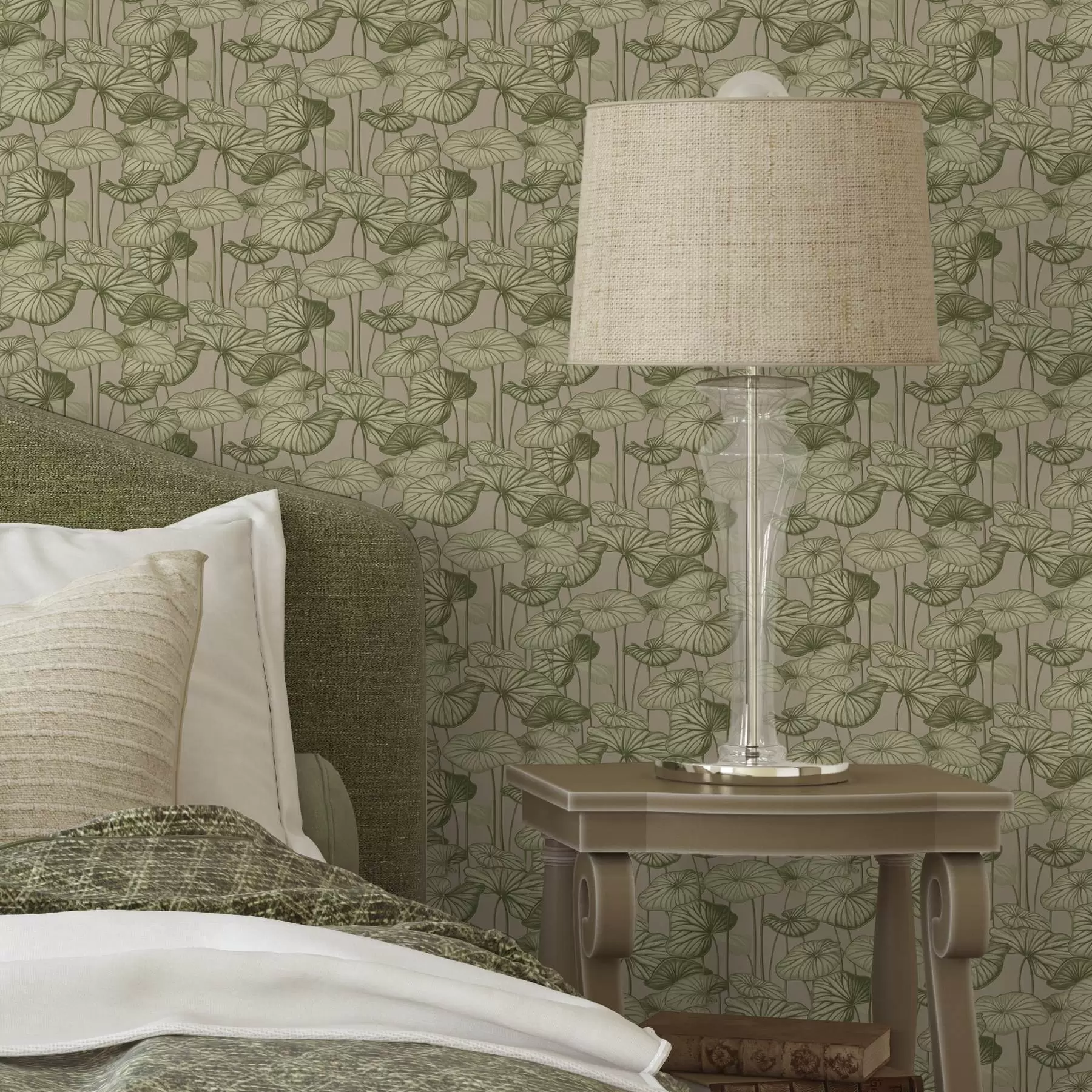 murales de pared Hojas de loto gráficas de estilo retro sobre fondo beige a00188