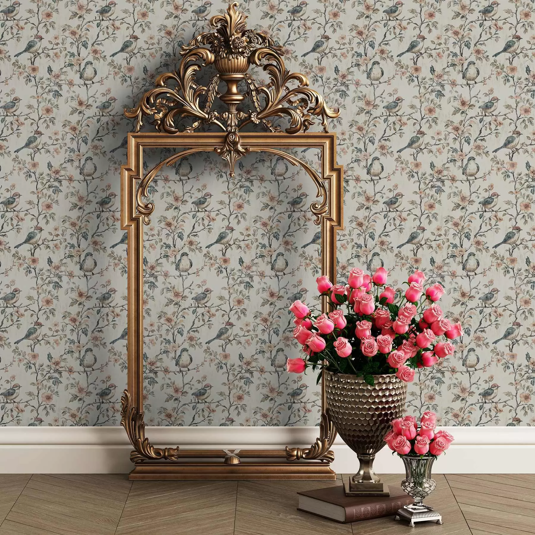 murales de pared Pájaros sobre ramas con flores en estilo acuarela retro a00197