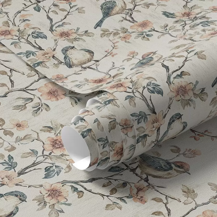 murales de pared Pájaros sobre ramas con flores en estilo acuarela retro a00197