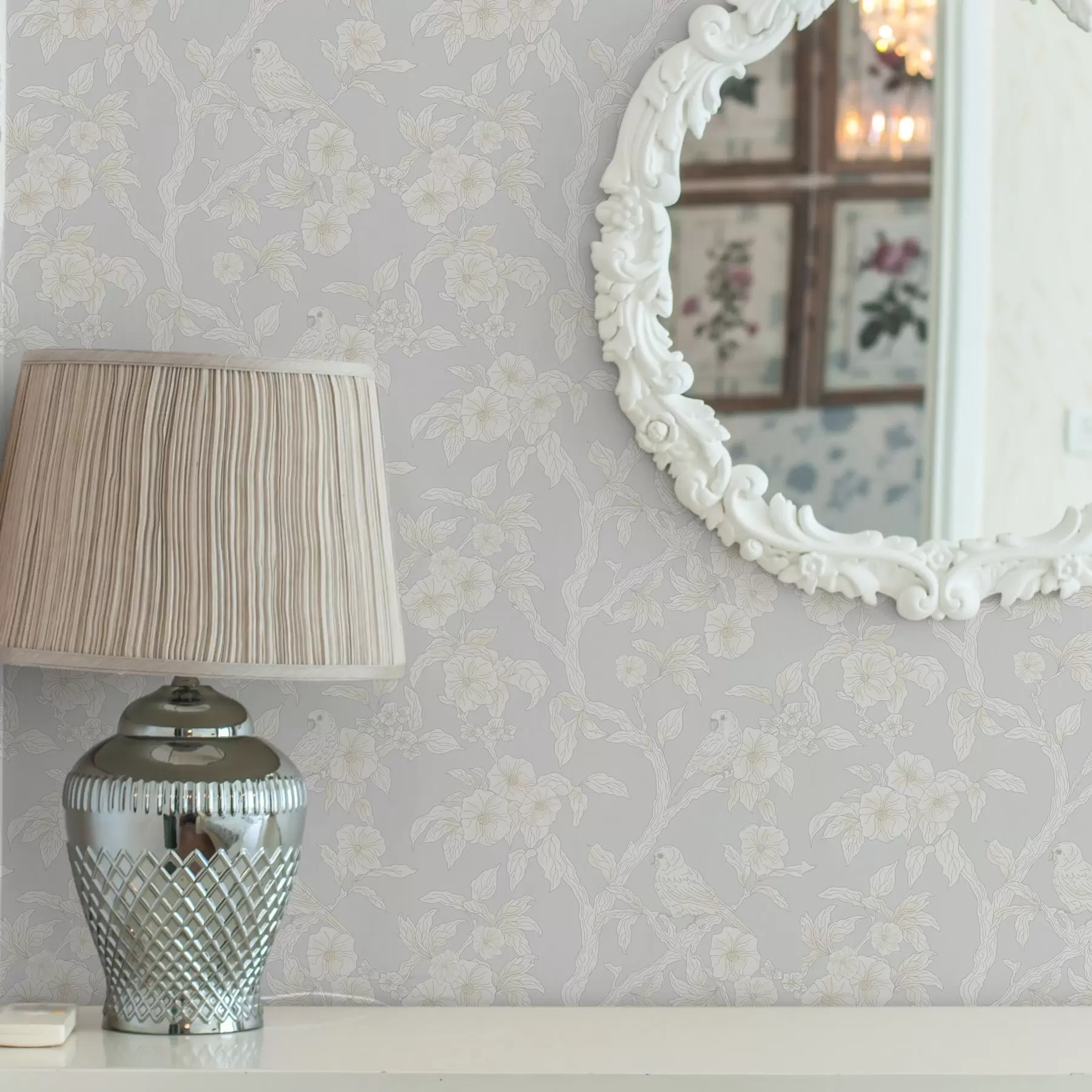 murales de pared Ligero estampado de pájaros sobre ramas, paleta pastel, clásico a00230