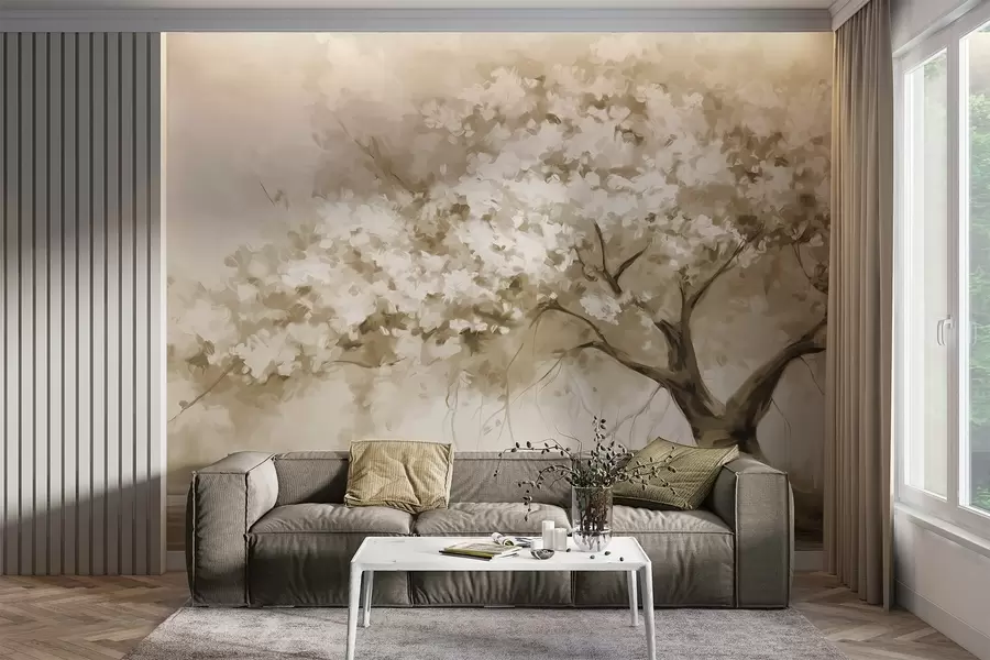 murales de pared Árbol abstracto de flores beige en plena floración, junto a un río, pinceladas de textura suave y colores pastel w09193v1