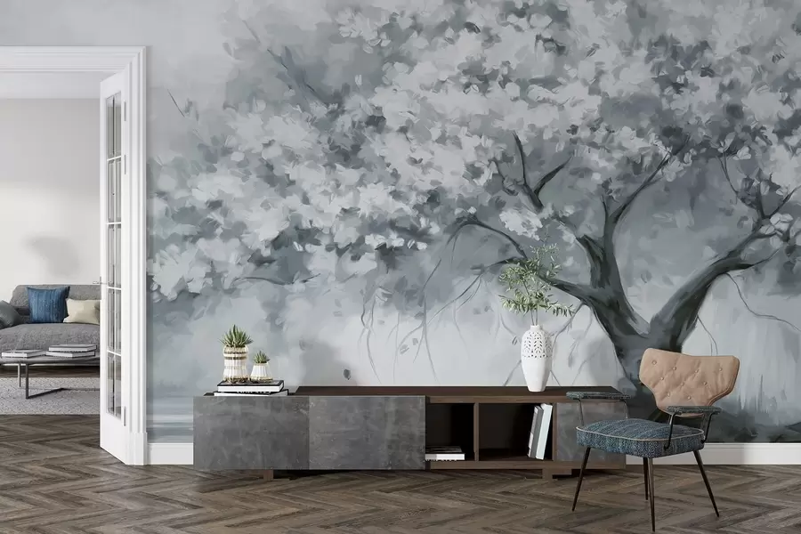 murales de pared Abstracto árbol en flor azul apagado en plena floración, junto a un río, pinceladas de textura suave y colores pastel w09193v2