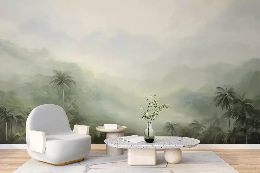 murales de pared Paisaje selvático con exuberantes palmeras verdes y colinas ondulantes , colores pastel suaves, imitación pintura texturizada w09194