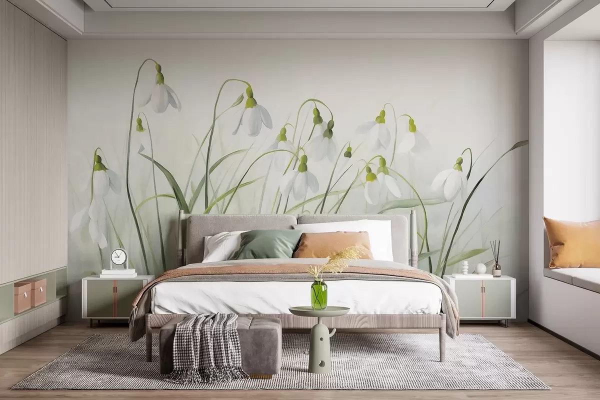 murales de pared Flores de campanillas de invierno con tallos y hojas de textura verde, estilo acuarela primaveral, pinceladas delicadas w09195