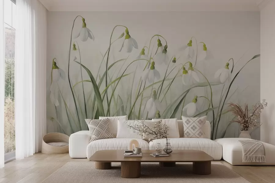 murales de pared Flores de campanillas de invierno con tallos y hojas de textura verde, estilo acuarela primaveral, pinceladas delicadas w09195