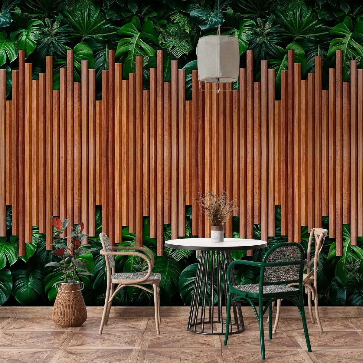 murales de pared Imitación de paneles de madera y pared verde w04138