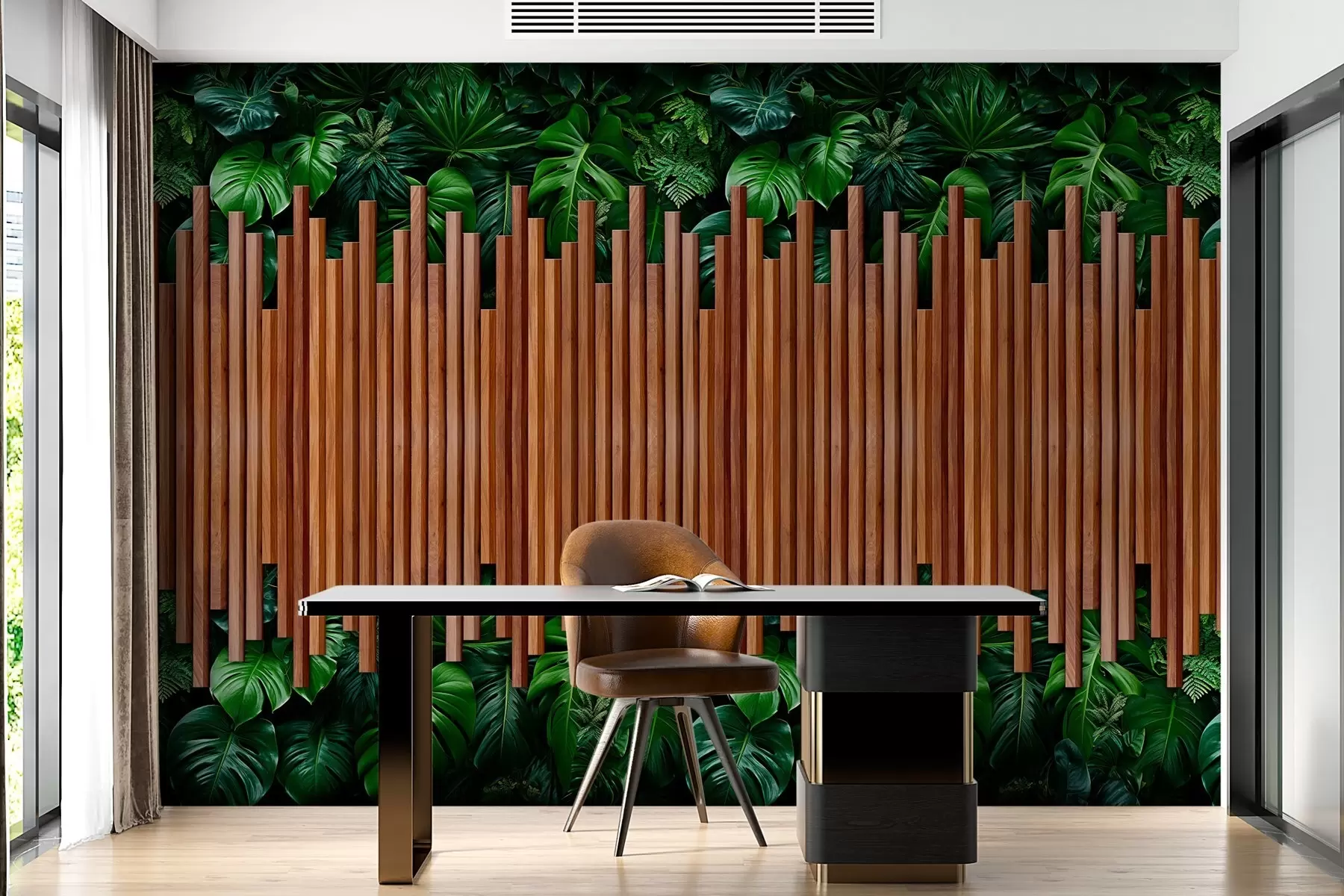 murales de pared Imitación de paneles de madera y pared verde w04138
