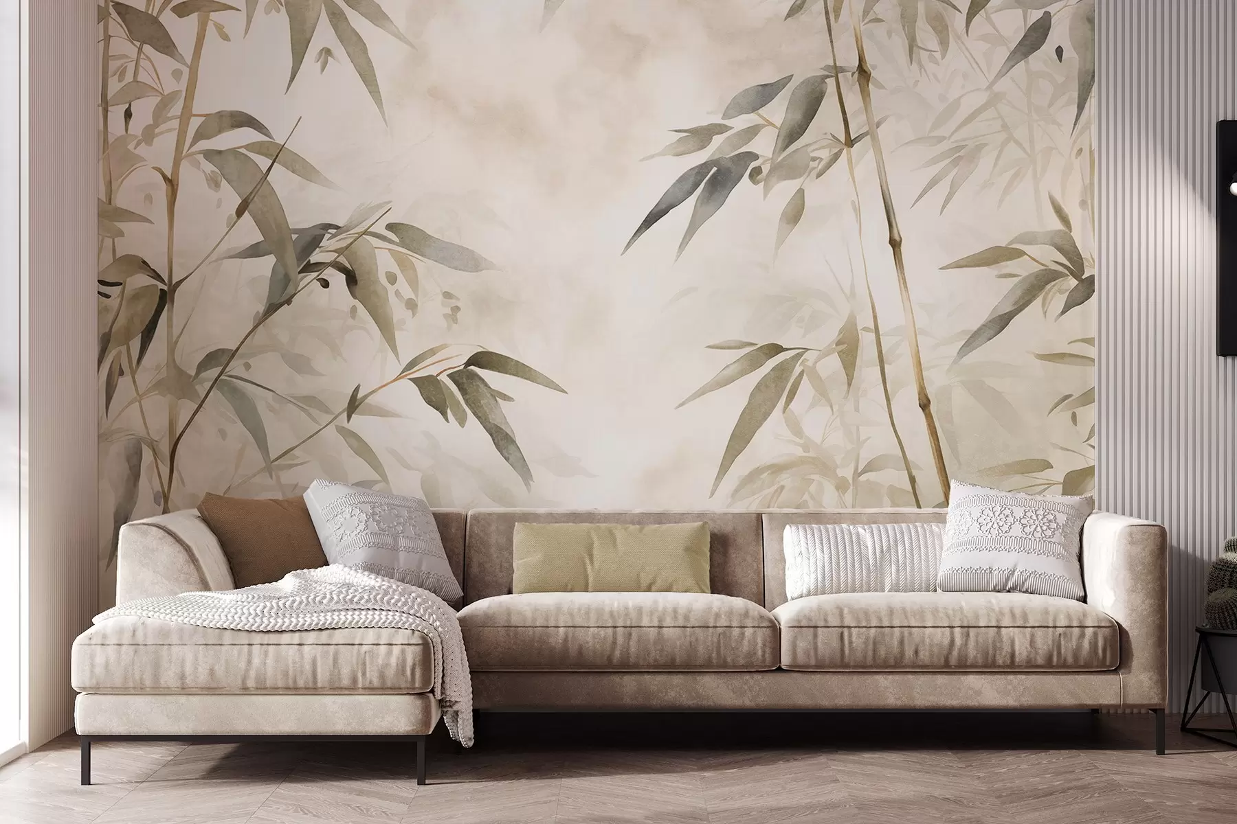 murales de pared Ramas con textura de bambú y hojas en estilo acuarela, suave paleta de colores neutros, fondo beige claro w09204