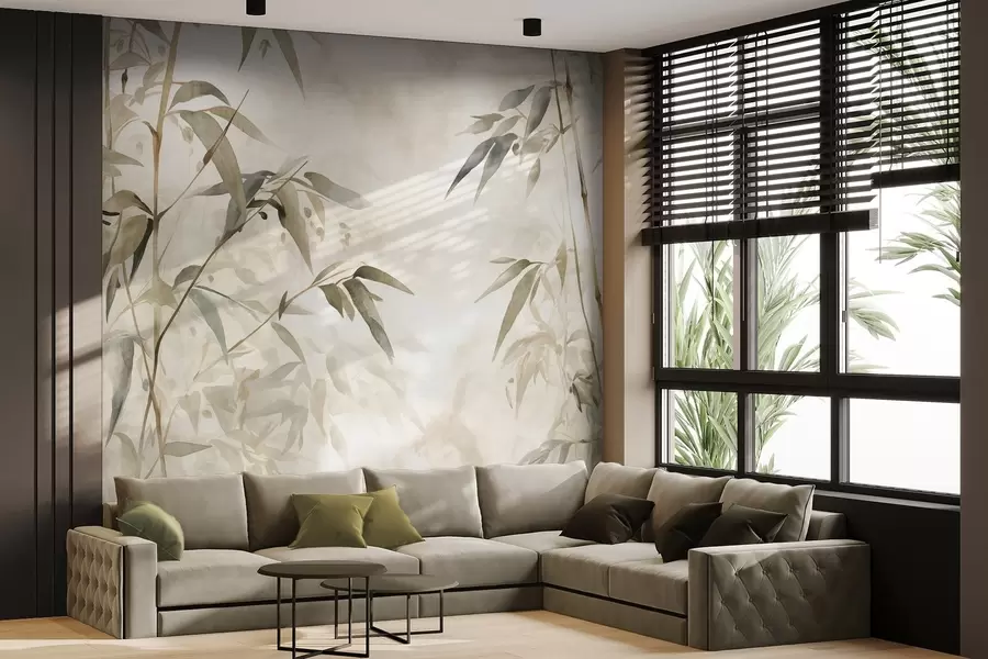 murales de pared Ramas con textura de bambú y hojas en estilo acuarela, suave paleta de colores neutros, fondo beige claro w09204