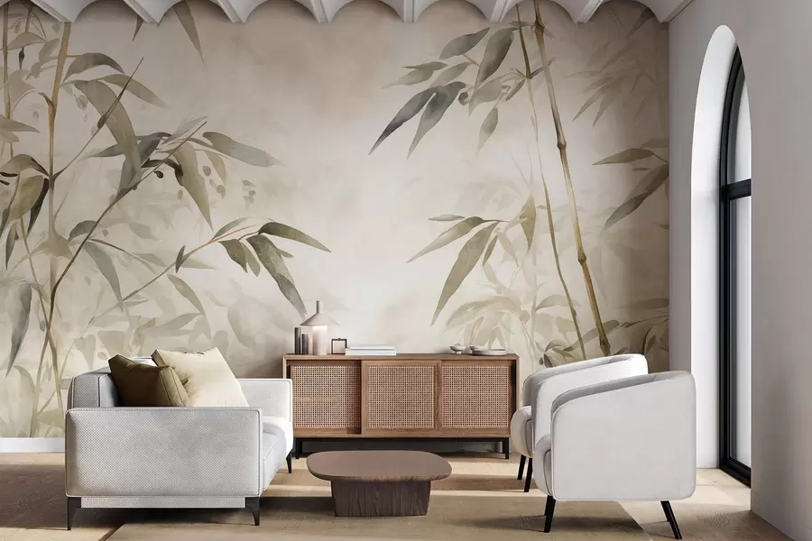 murales de pared Ramas con textura de bambú y hojas en estilo acuarela, suave paleta de colores neutros, fondo beige claro w09204