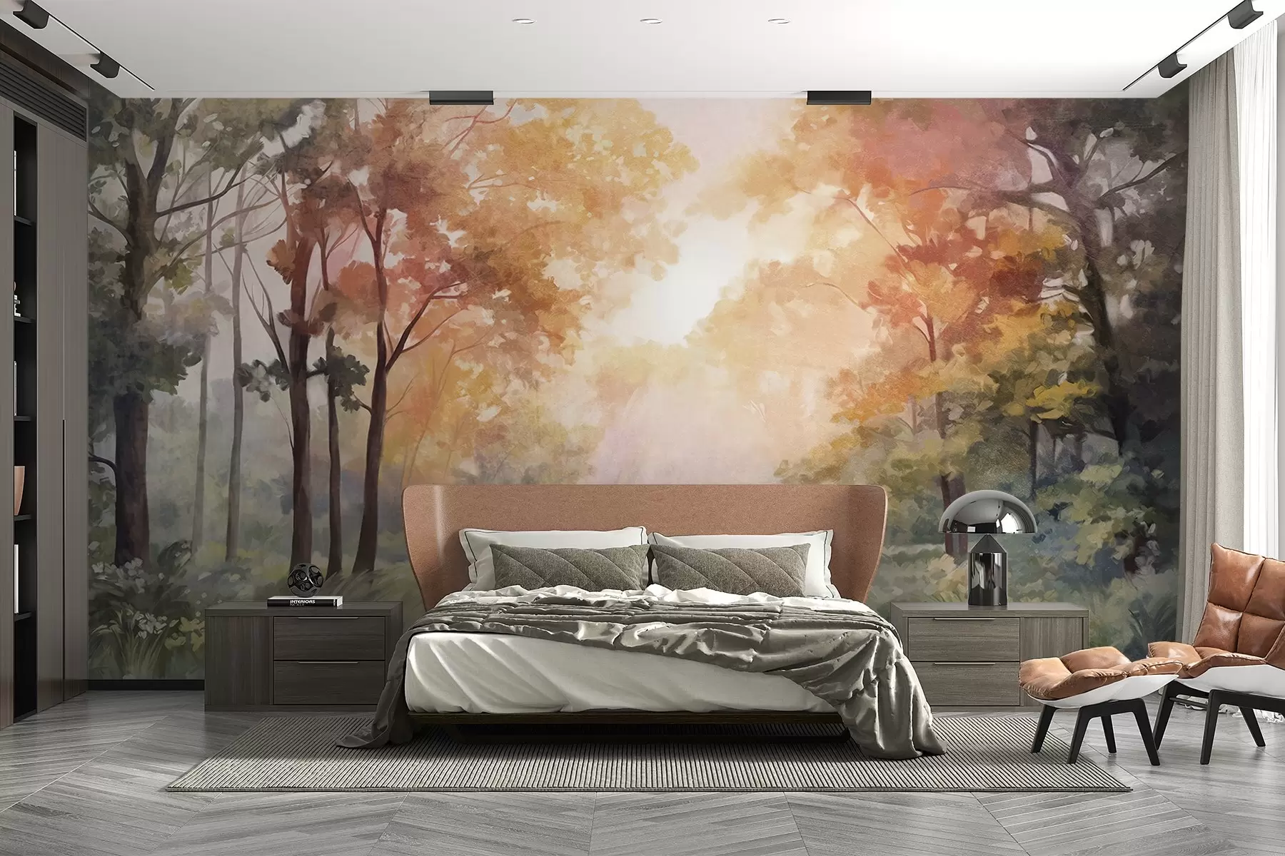 murales de pared Paisaje forestal texturizado, árboles con hojas naranjas y verdes, paleta de colores pastel w09210v1