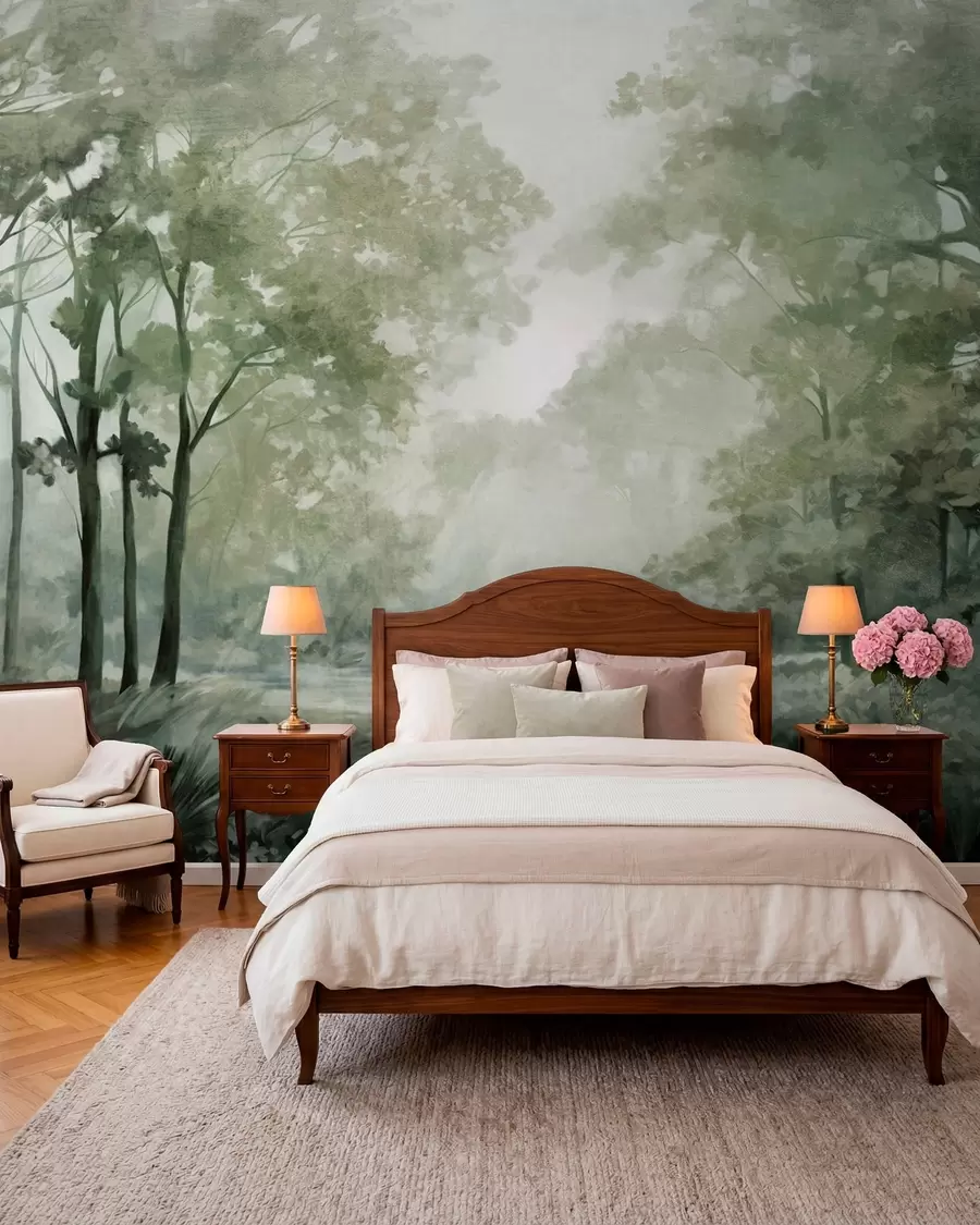 murales de pared Paisaje forestal texturizado, árboles con hojas verdes, paleta de colores pastel w09210v2