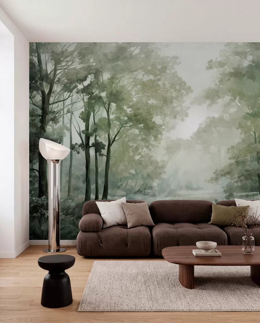 murales de pared Paisaje forestal texturizado, árboles con hojas verdes, paleta de colores pastel w09210v2