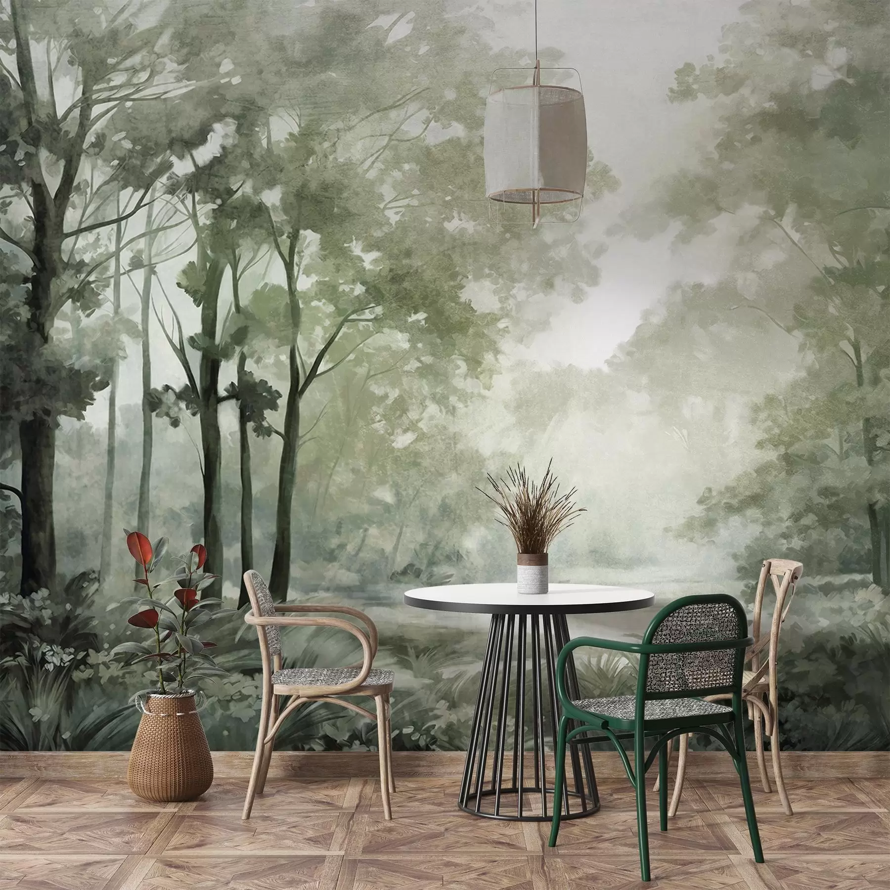 murales de pared Paisaje forestal texturizado, árboles con hojas verdes, paleta de colores pastel w09210v2