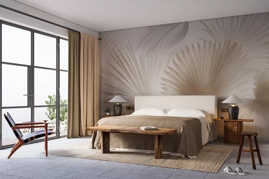 murales de pared Suaves abanicos de hojas tropicales en tonos beige claro y azulados w09084
