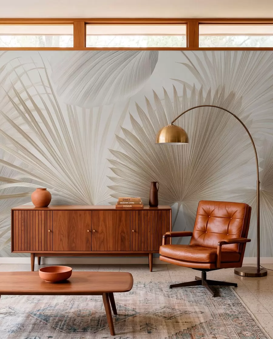 murales de pared Suaves abanicos de hojas tropicales en tonos beige claro y azulados w09084