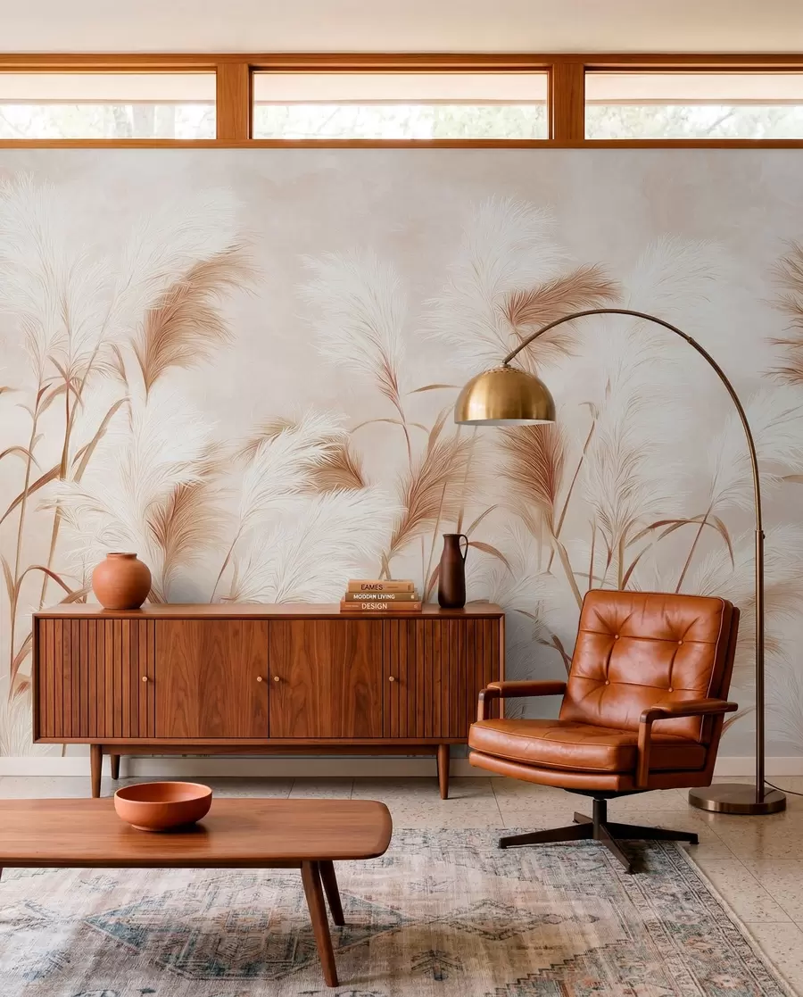 murales de pared Elegantes flores de hierba de la pampa en suaves tonos beige y lechosos w09150v1