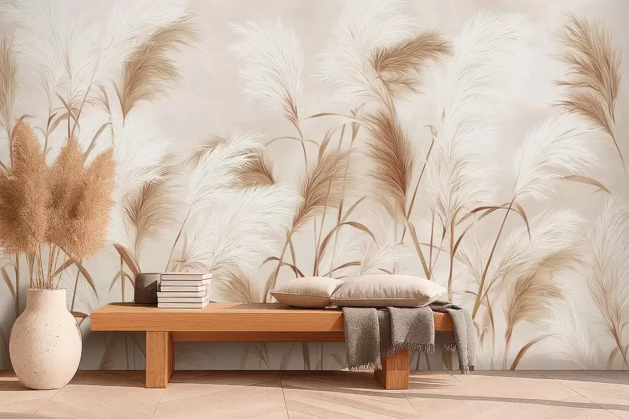 murales de pared Elegantes flores de hierba de la pampa en suaves tonos beige y lechosos w09150v1