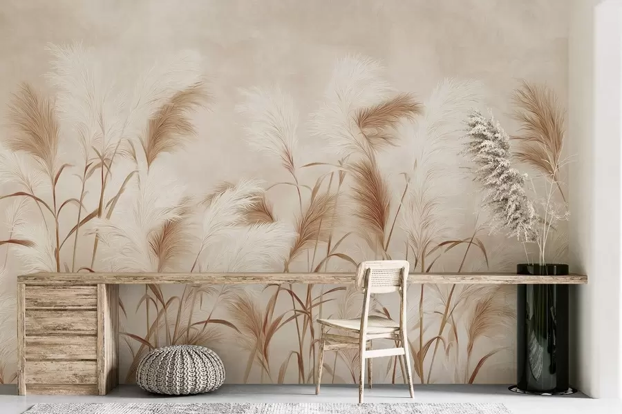 murales de pared Elegantes flores de hierba de la pampa en suaves tonos beige y lechosos w09150v1