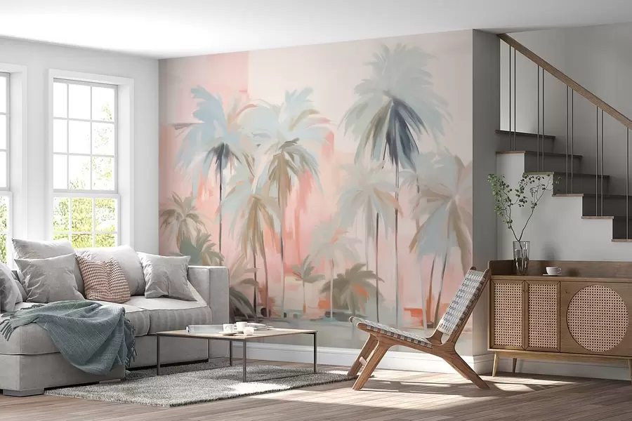 murales de pared Palmeras tropicales abstractas minimalistas en tonos pastel, sobre un fondo de suaves tonos rosa y melocotón w09212
