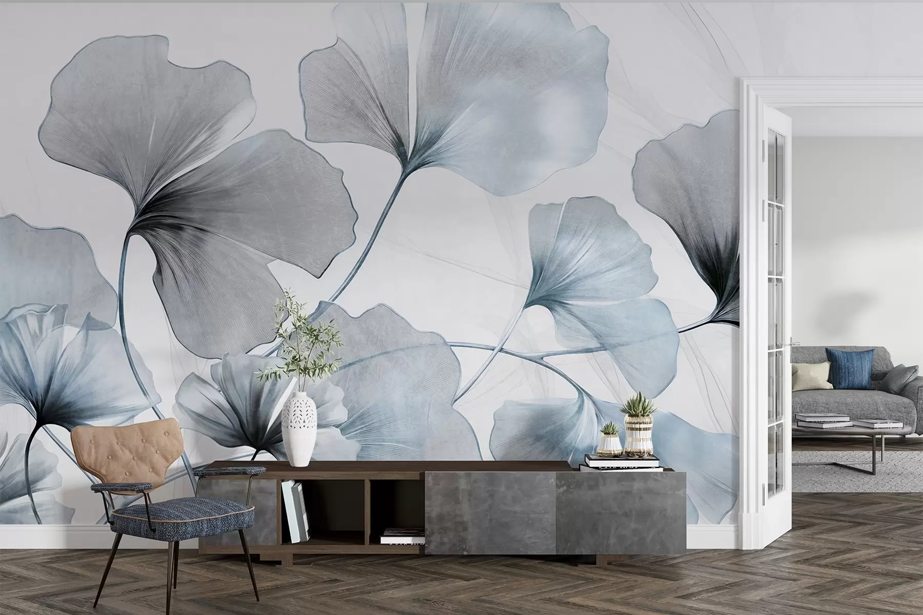 murales de pared Hojas de Ginkgo biloba en tonos azules y grises apagados, delicado efecto de acuarela texturizada, fondo claro w09215v1