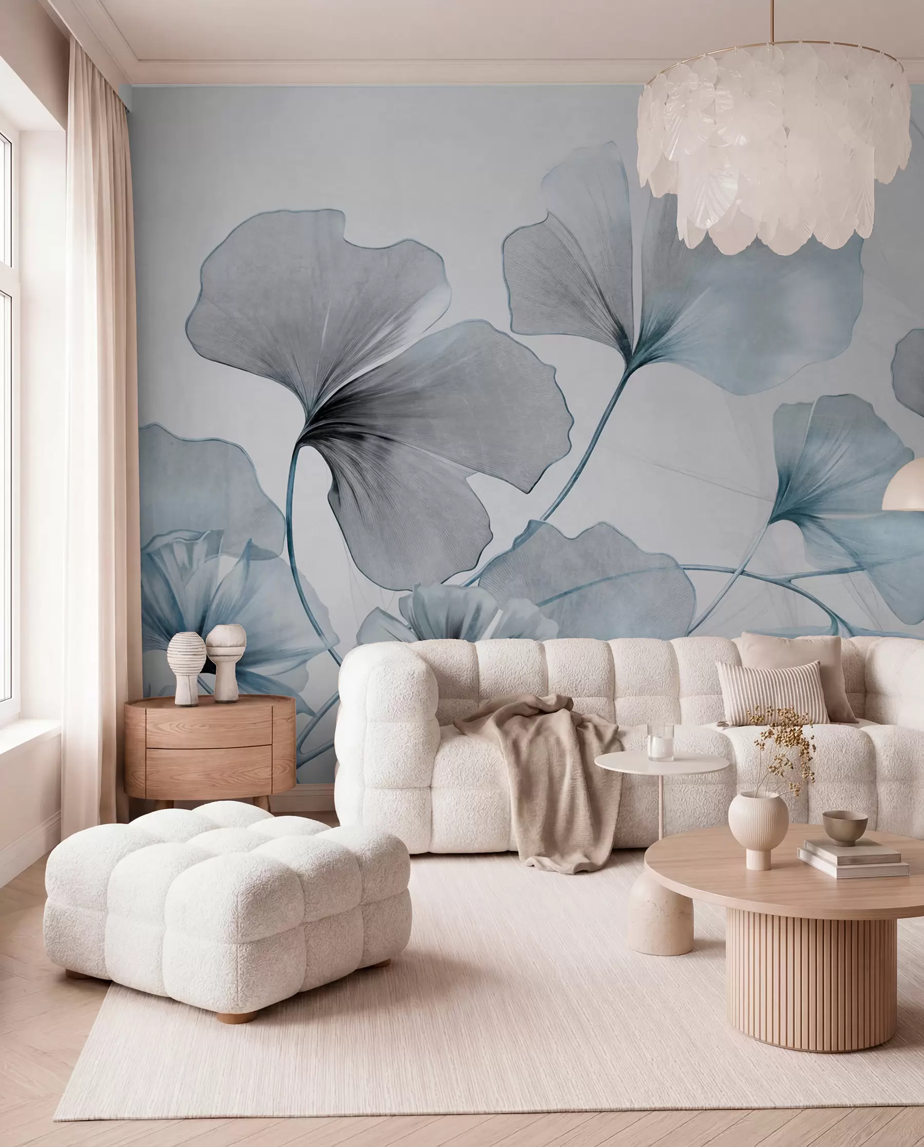 murales de pared Hojas de Ginkgo biloba en tonos azules y grises apagados, delicado efecto de acuarela texturizada, fondo claro w09215v1