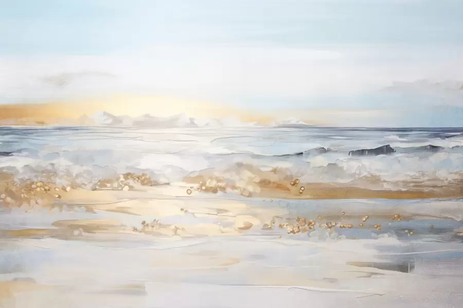 murales de pared Paisaje abstracto con textura de olas del mar rompiendo en una playa de arena, colores pastel suaves, cielo azul con nubes ligeras w09234