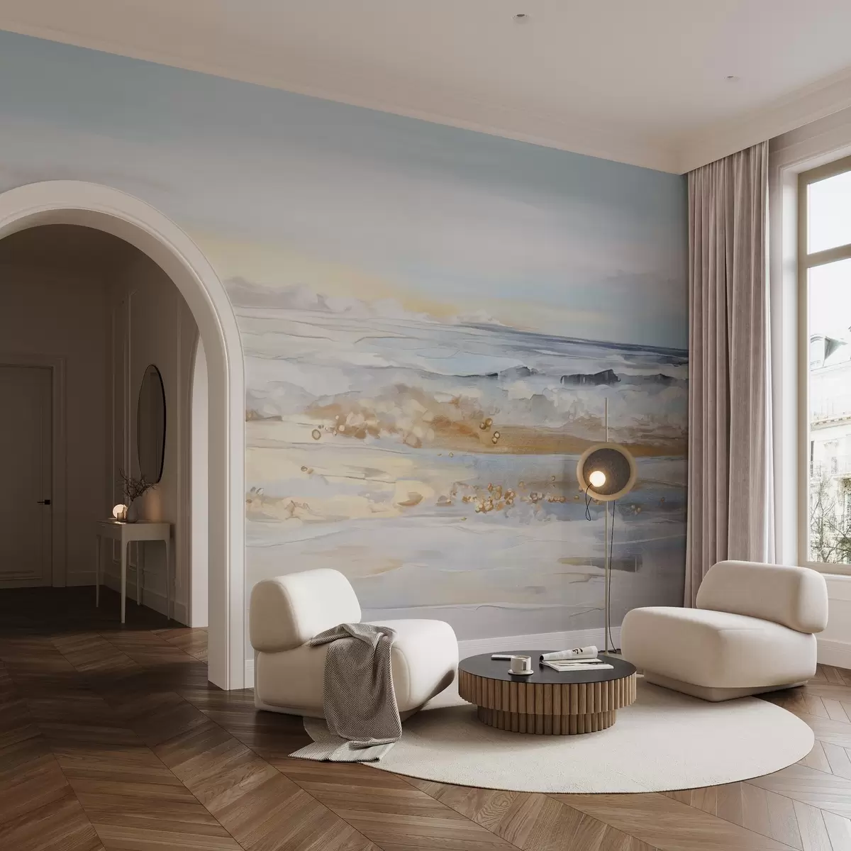 murales de pared Paisaje abstracto con textura de olas del mar rompiendo en una playa de arena, colores pastel suaves, cielo azul con nubes ligeras w09234