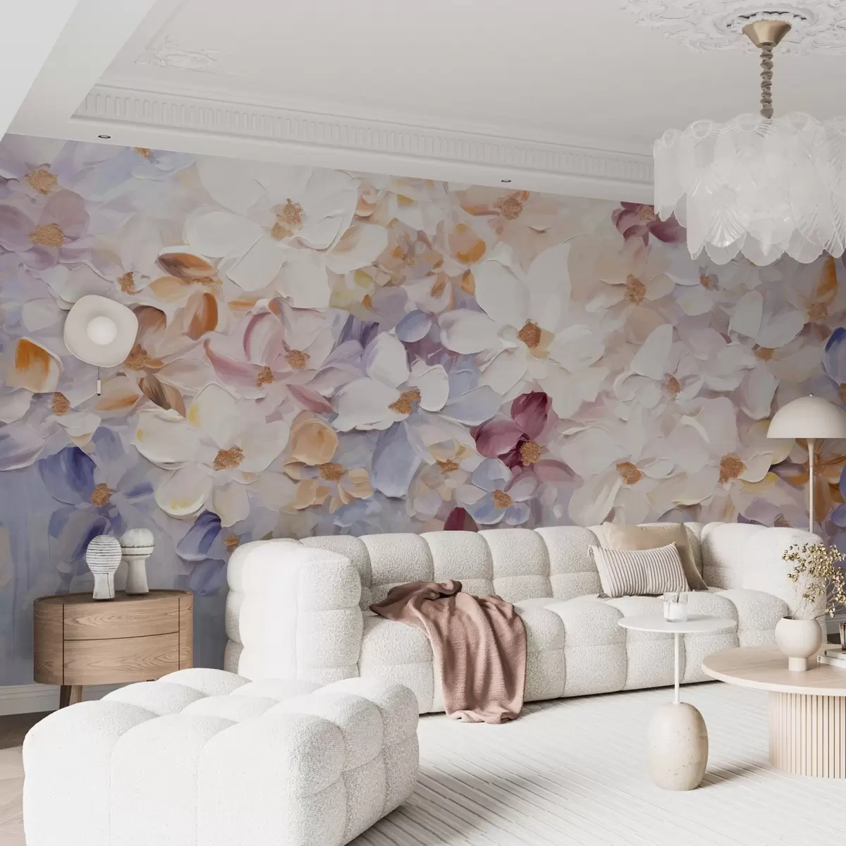 murales de pared Pintura al óleo imitación de un jardín de flores con flores blancas, rosas y naranjas, pinceladas suaves, colores pastel apagados w09236