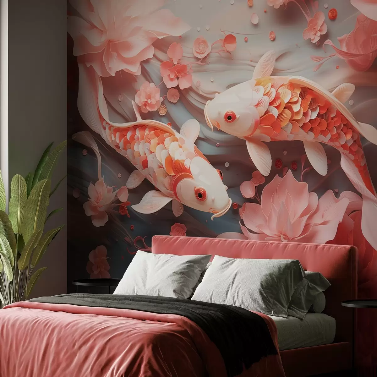 murales de pared Delicados peces con escamas dimensionales nadan a través de un flujo de pétalos y suaves tonos rosados w09237