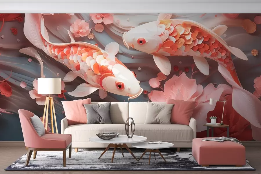 murales de pared Delicados peces con escamas dimensionales nadan a través de un flujo de pétalos y suaves tonos rosados w09237