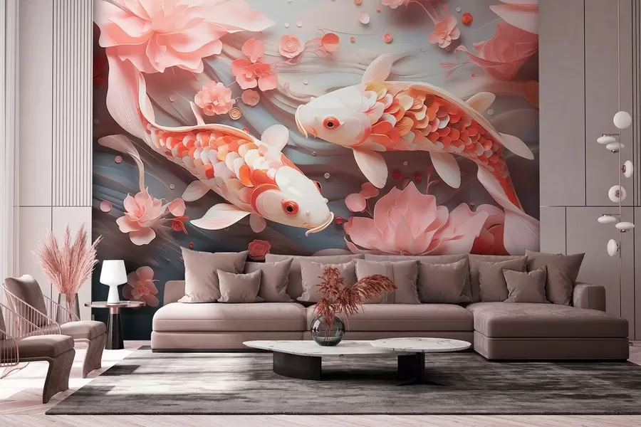 murales de pared Delicados peces con escamas dimensionales nadan a través de un flujo de pétalos y suaves tonos rosados w09237