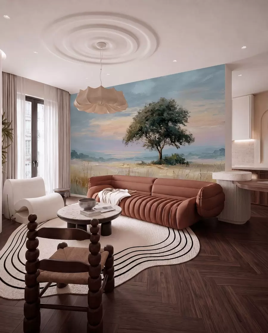 murales de pared árbol en medio de un campo en el estilo de la pintura al óleo w04206