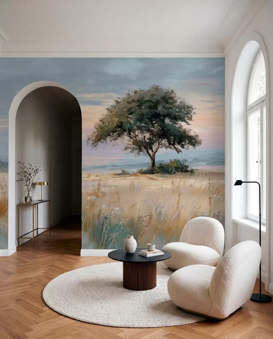 murales de pared árbol en medio de un campo en el estilo de la pintura al óleo w04206