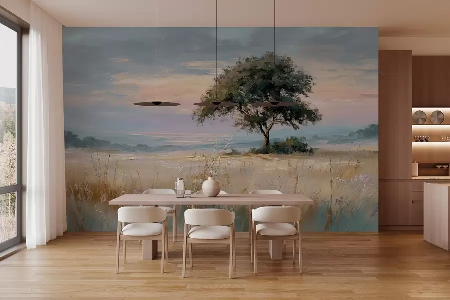 murales de pared árbol en medio de un campo en el estilo de la pintura al óleo w04206