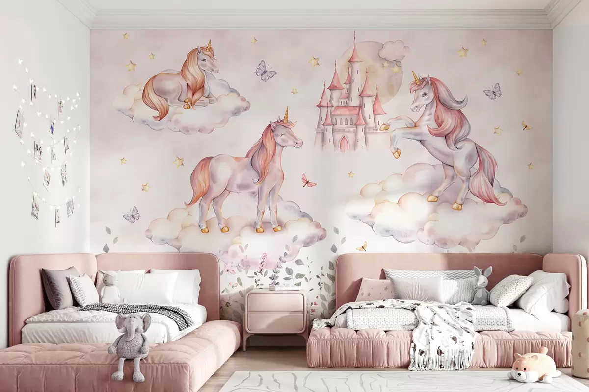 murales de pared Unicornios en las nubes con estrellas, mariposas y flores w04165