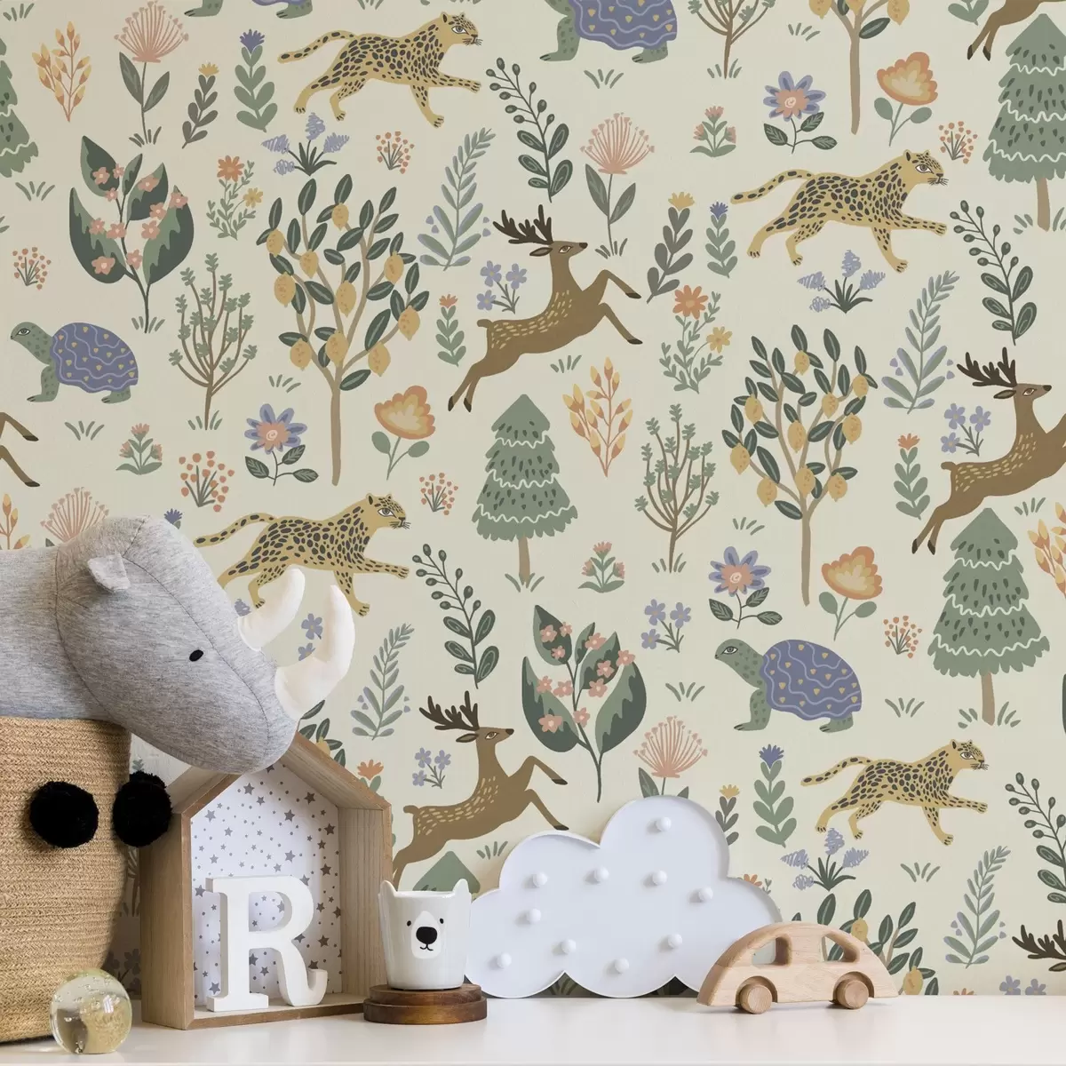 Papel pintado Ilustración retro con leopardos, árboles y ciervos a00184