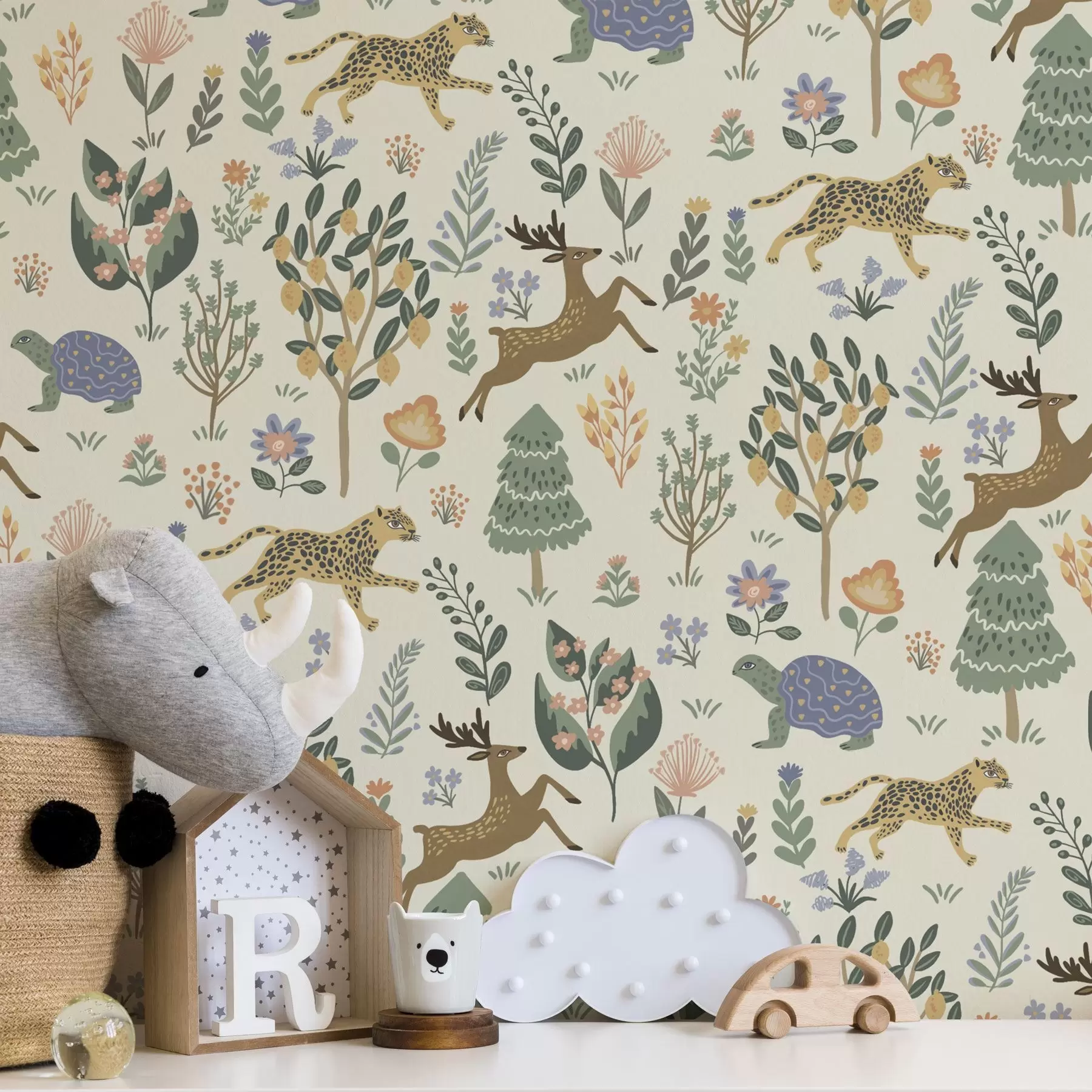 murales de pared Ilustración retro con leopardos, árboles y ciervos a00184