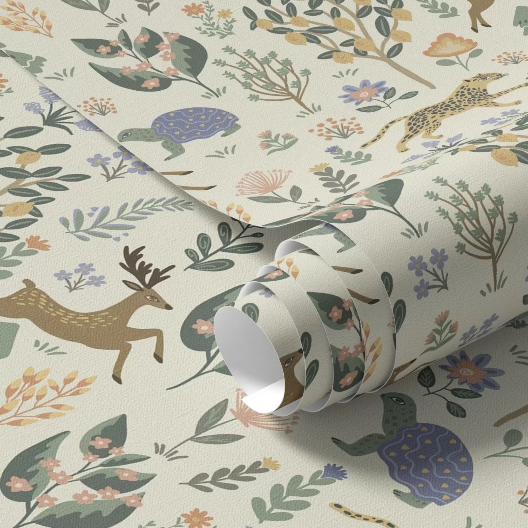 murales de pared Ilustración retro con leopardos, árboles y ciervos a00184