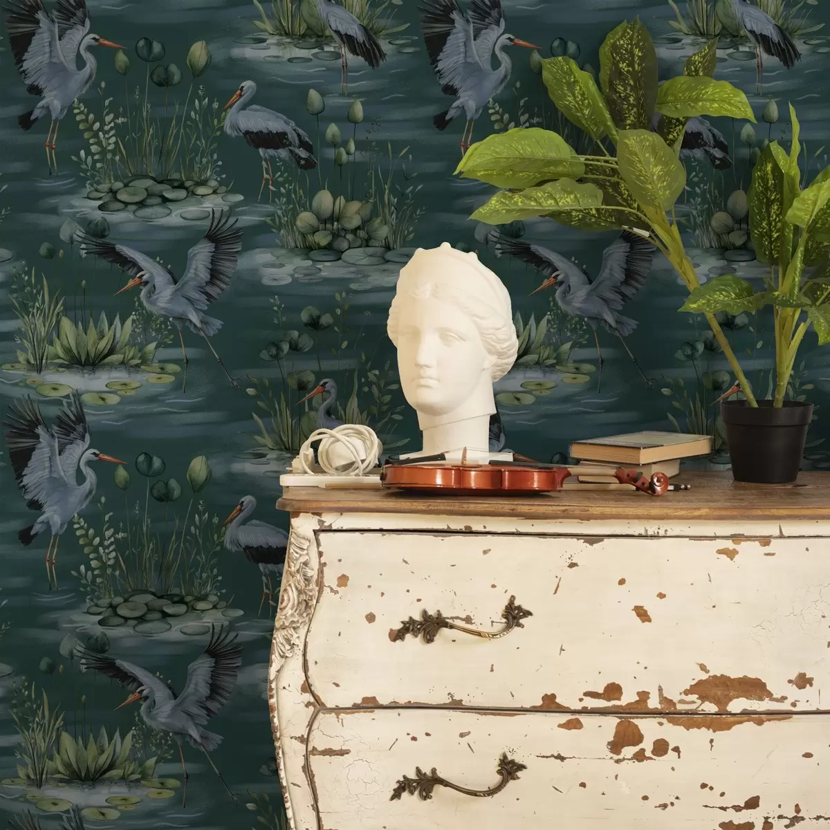 Papel pintado Escenas con garzas sobre fondo de estanques y nenúfares a00202