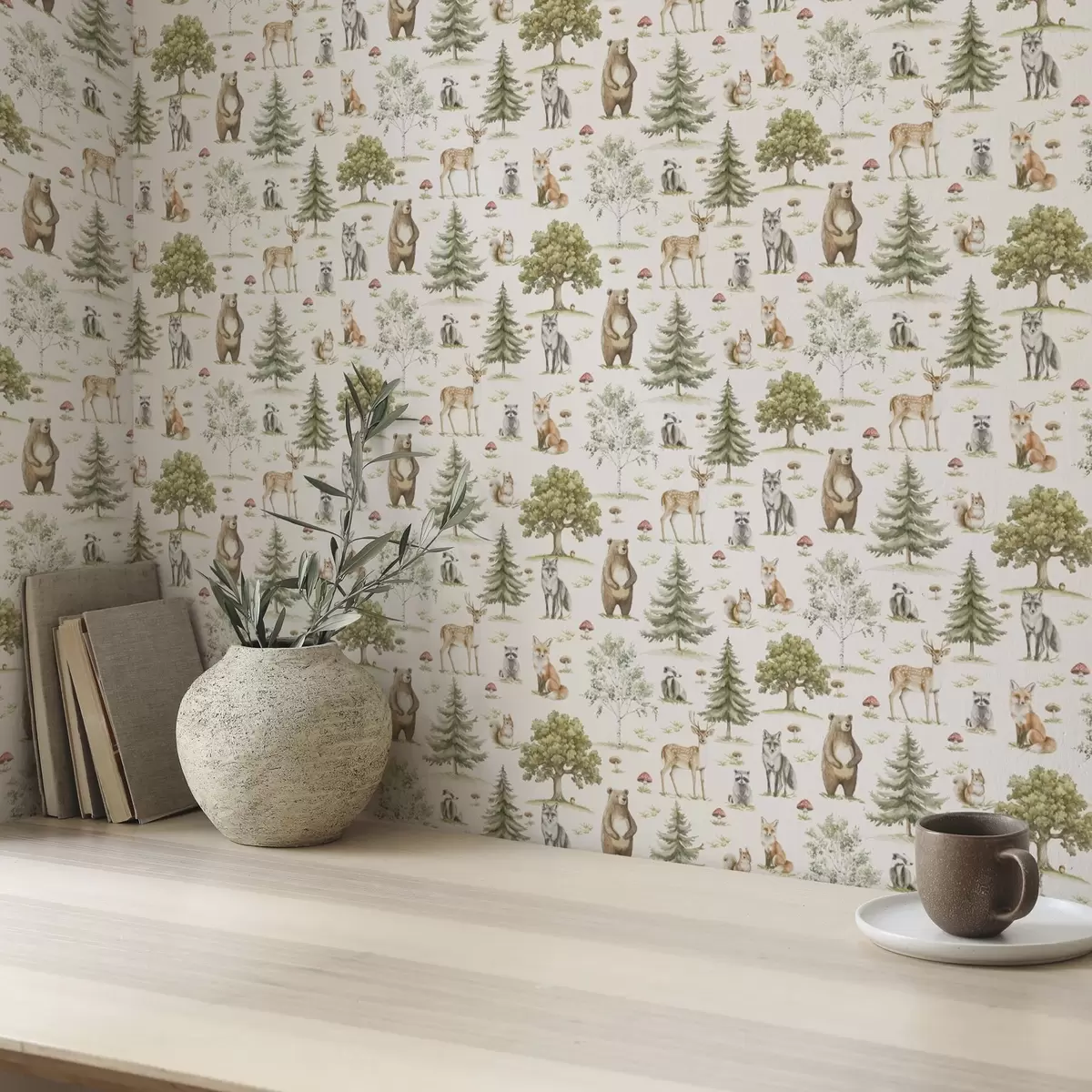 Papel pintado Animales del bosque en estilo acuarela suave, árboles y setas a00212