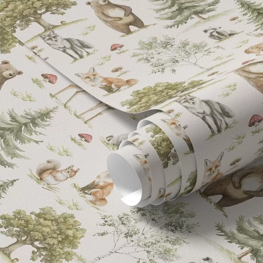 murales de pared Animales del bosque en estilo acuarela suave, árboles y setas a00212