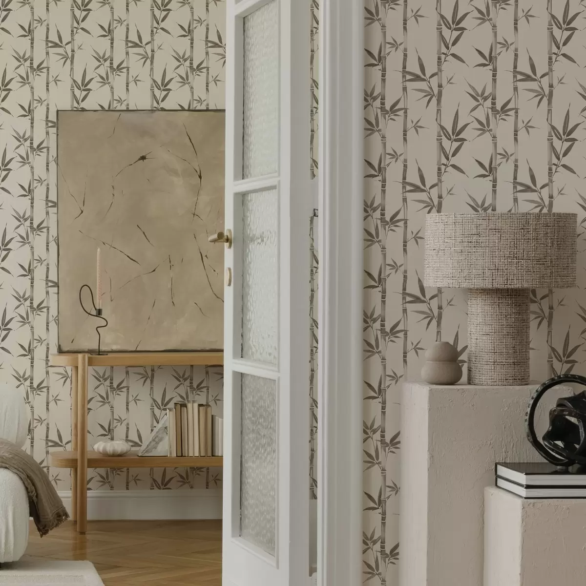 Papel pintado Estampado de bambú beige con hojas de estilo japonés a00236