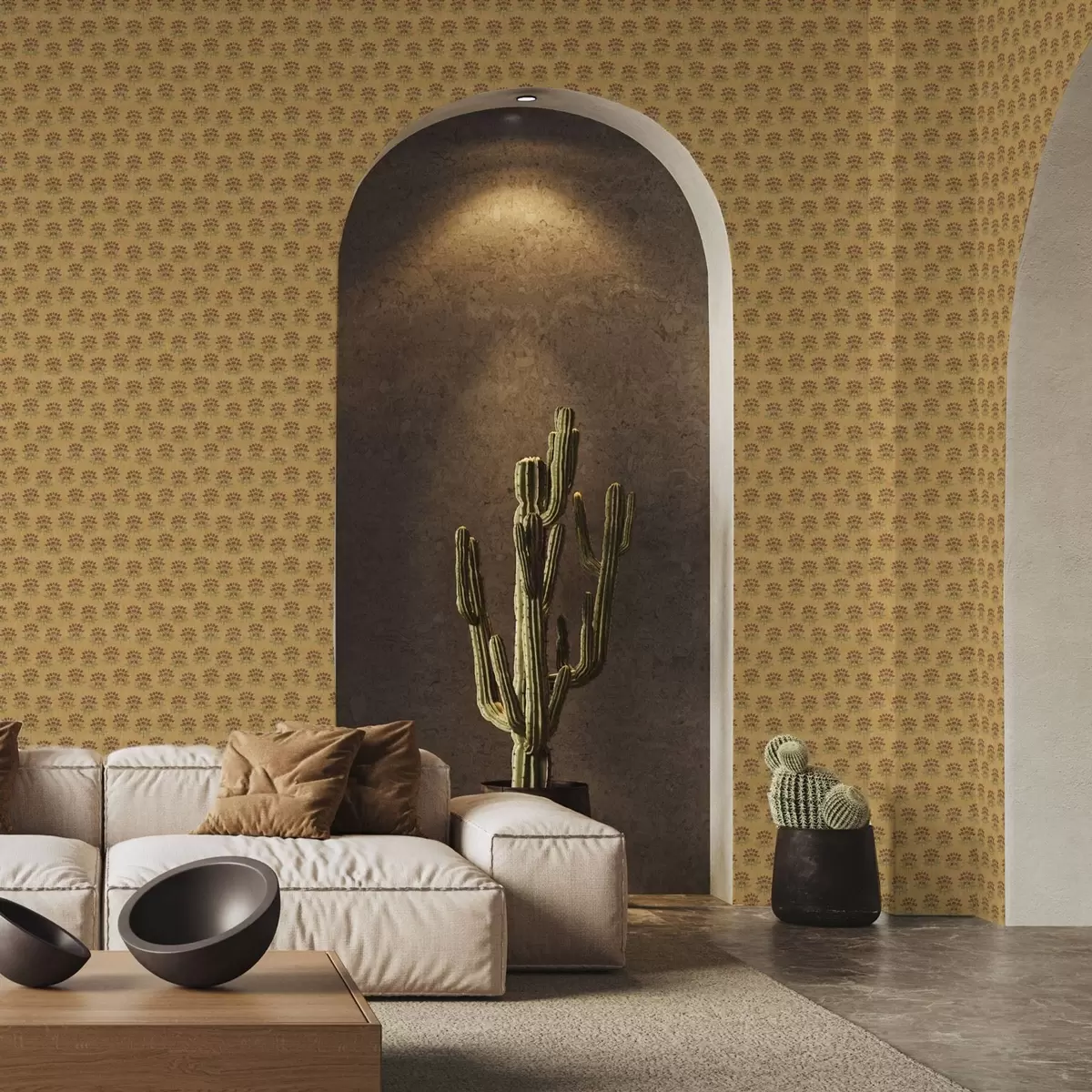 Papel pintado Motivo floral retro con lotos sobre fondo amarillo a00238