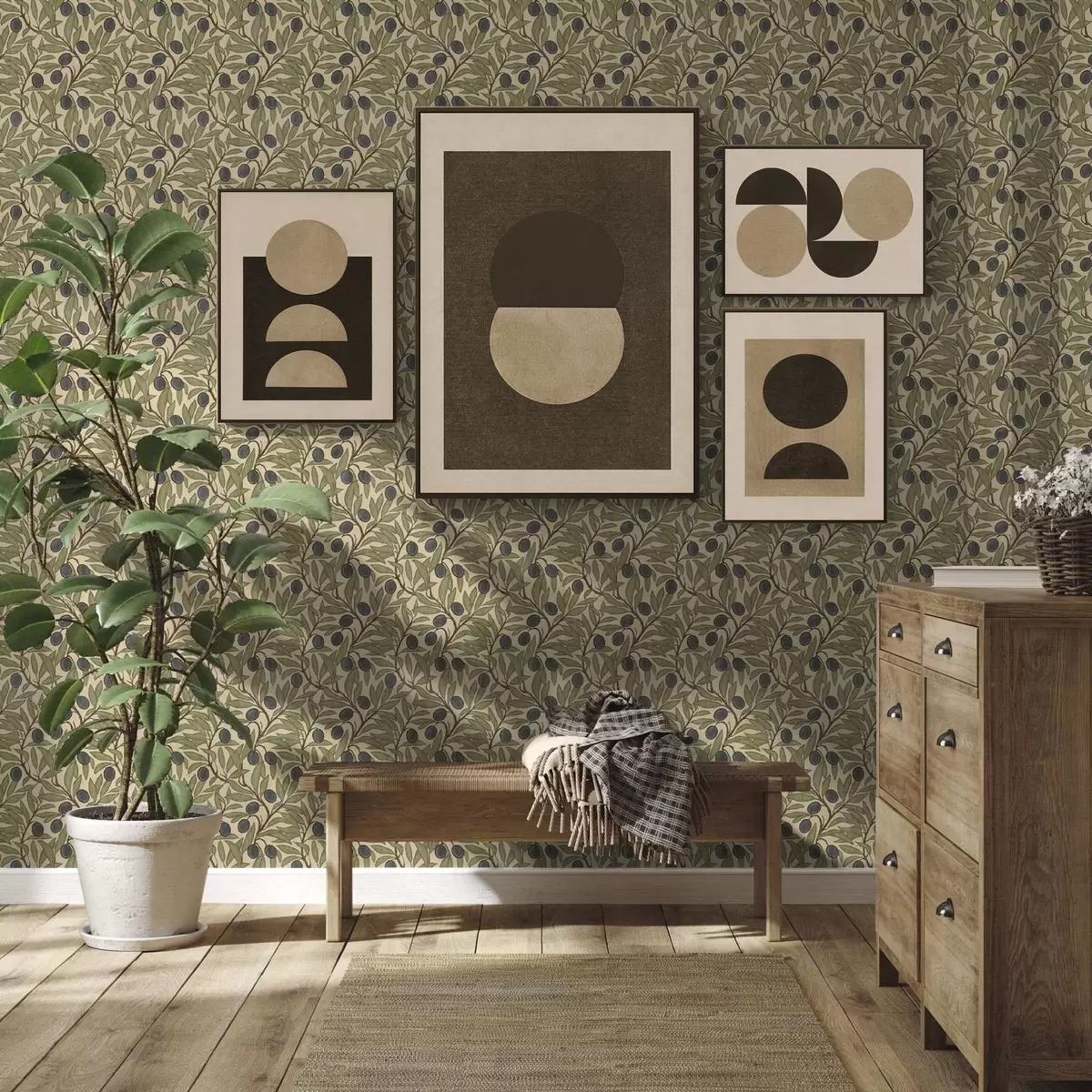 Papel pintado Aceitunas en rama en una cálida paleta de olivos a00246