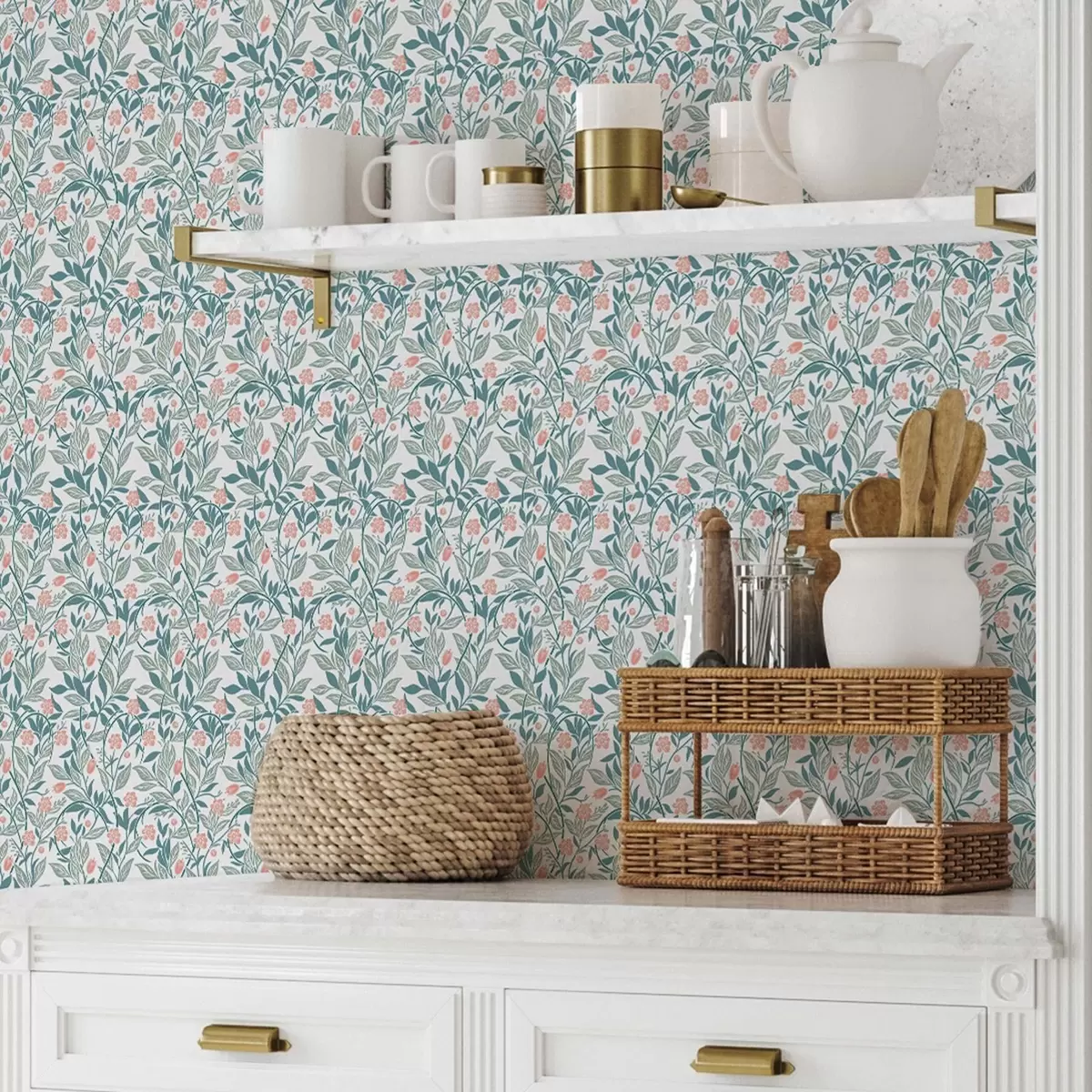 Papel pintado Motivo fresco con flores y hojas de coral a00247