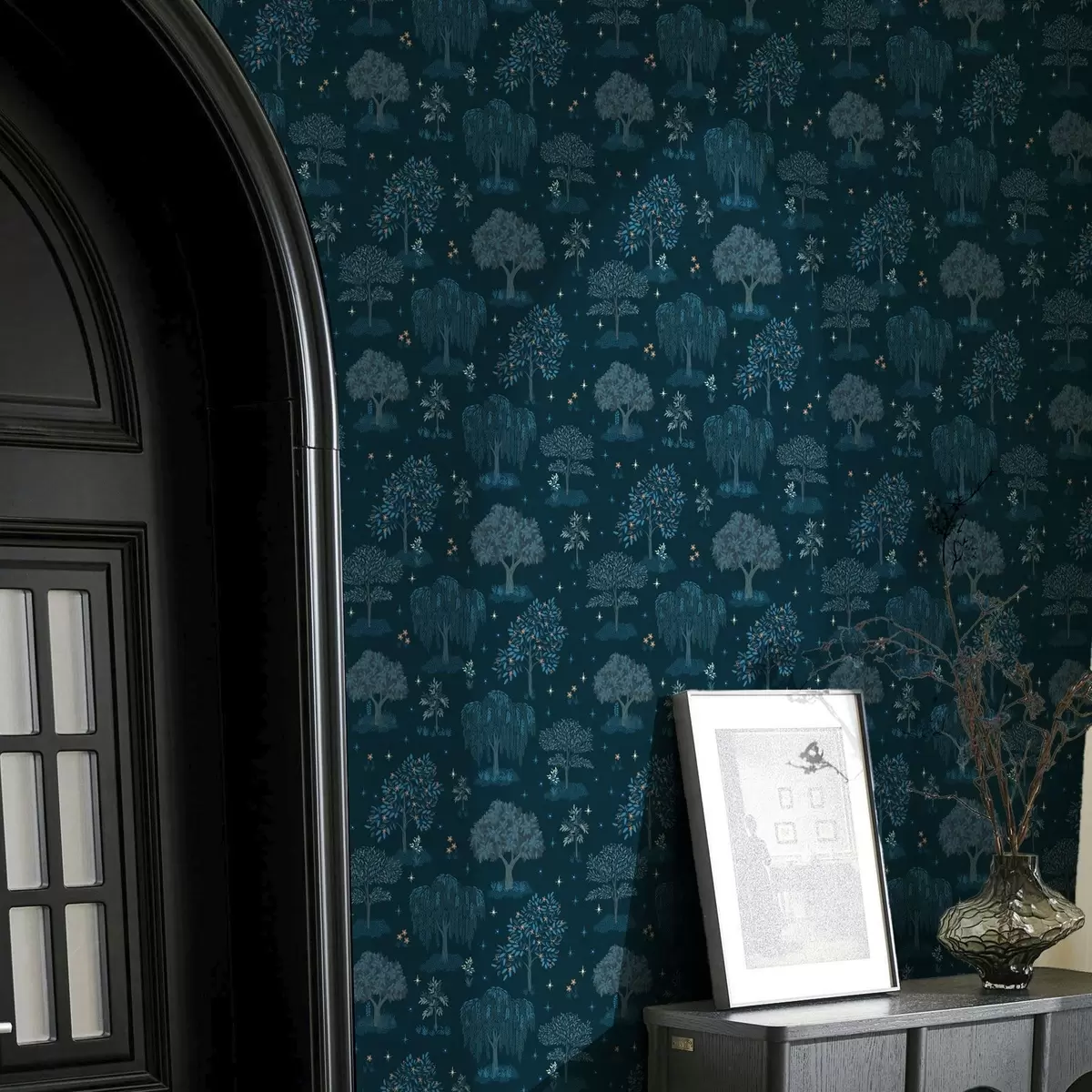 Papel pintado Bosque nocturno de hadas con estrellas y árboles decorativos a00248