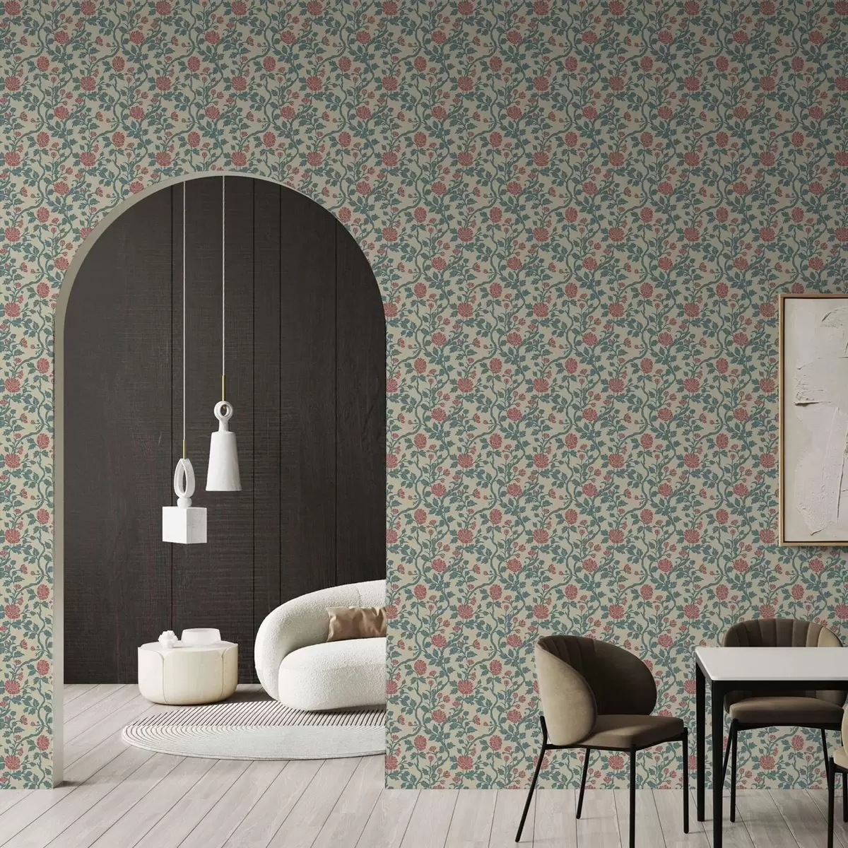 Papel pintado Motivo retro con flores en rojo y verde a00250