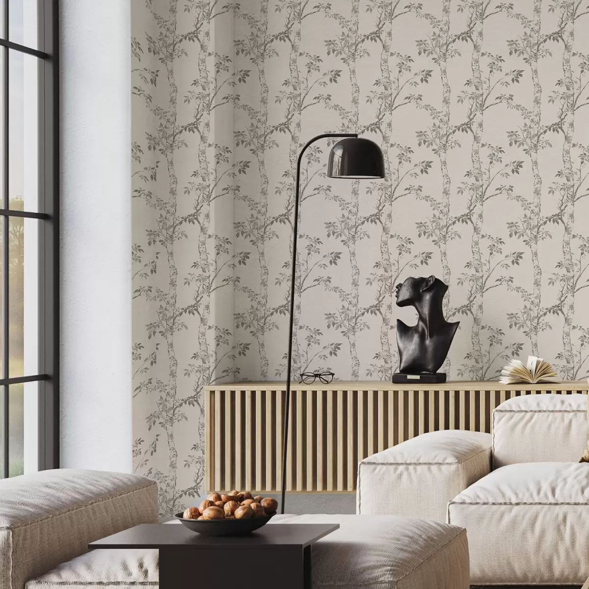 Papel pintado Ramas de abedul con hojas sobre fondo claro a00257